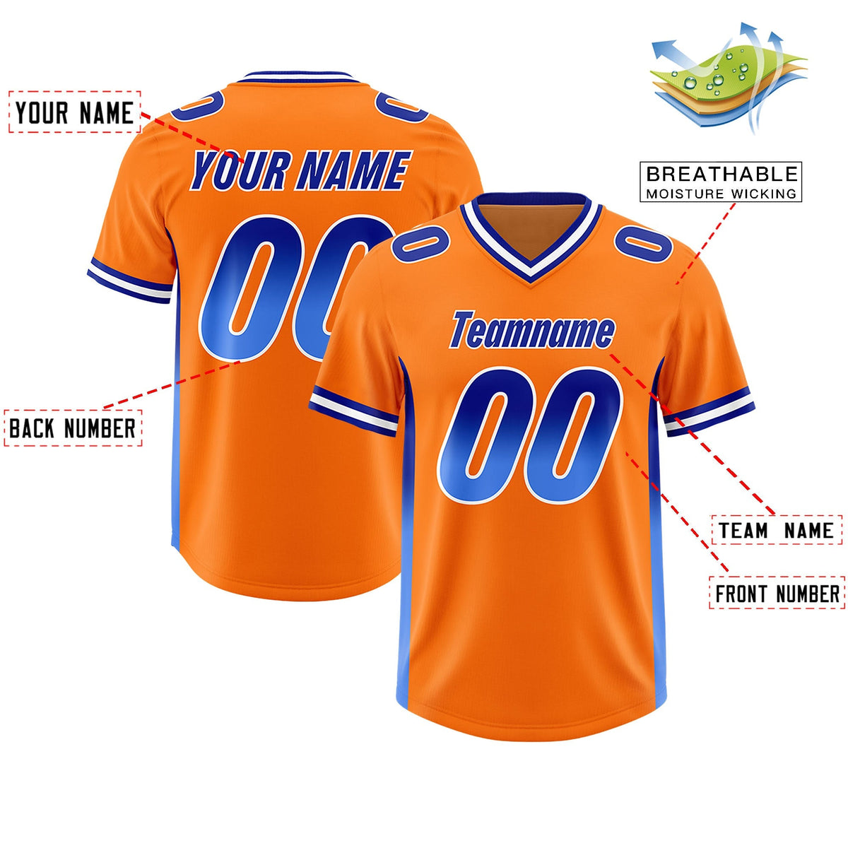 Custom Orange Royal and Powder Blue Sides Gradient Fashion Personalized Team American Football Jersey