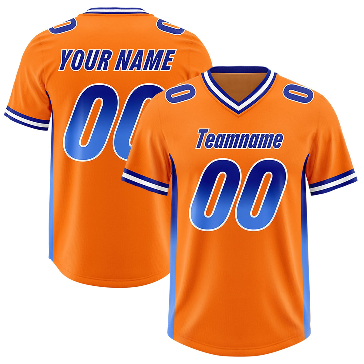 Custom Orange Royal and Powder Blue Sides Gradient Fashion Personalized Team American Football Jersey