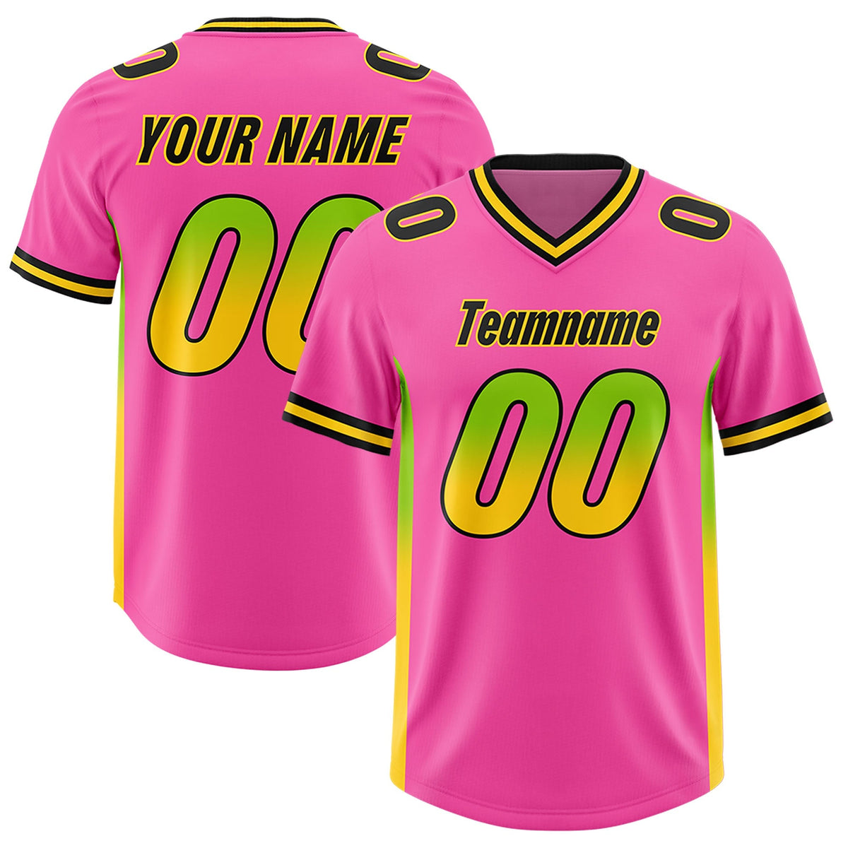 Custom Pink Neon Green and Gold Sides Gradient Fashion Personalized Team American Football Jersey
