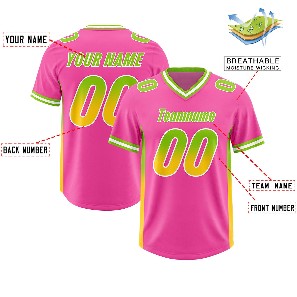 Custom Pink Neon Green and Gold Sides Gradient Fashion Personalized Team American Football Jersey