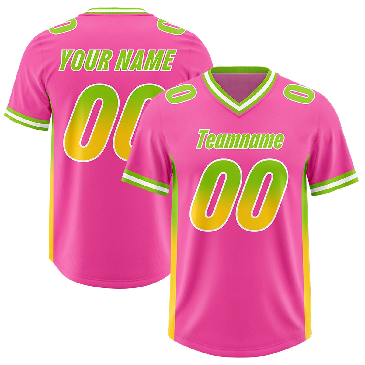 Custom Pink Neon Green and Gold Sides Gradient Fashion Personalized Team American Football Jersey