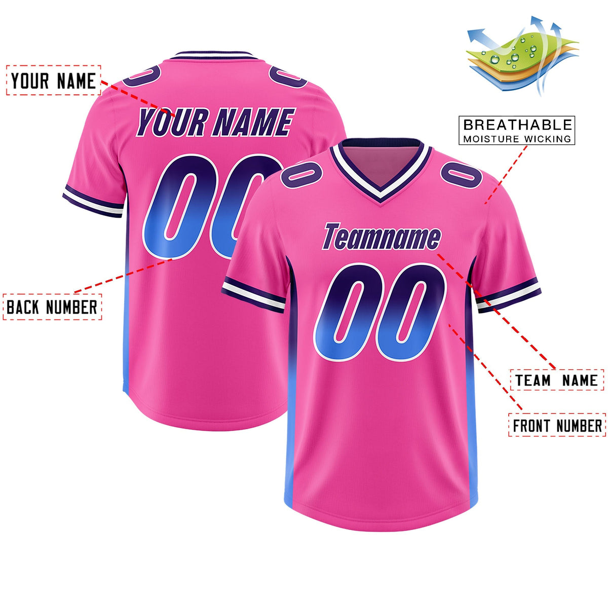 Custom Pink Purple and Powder Blue Sides Gradient Fashion Personalized Team American Football Jersey