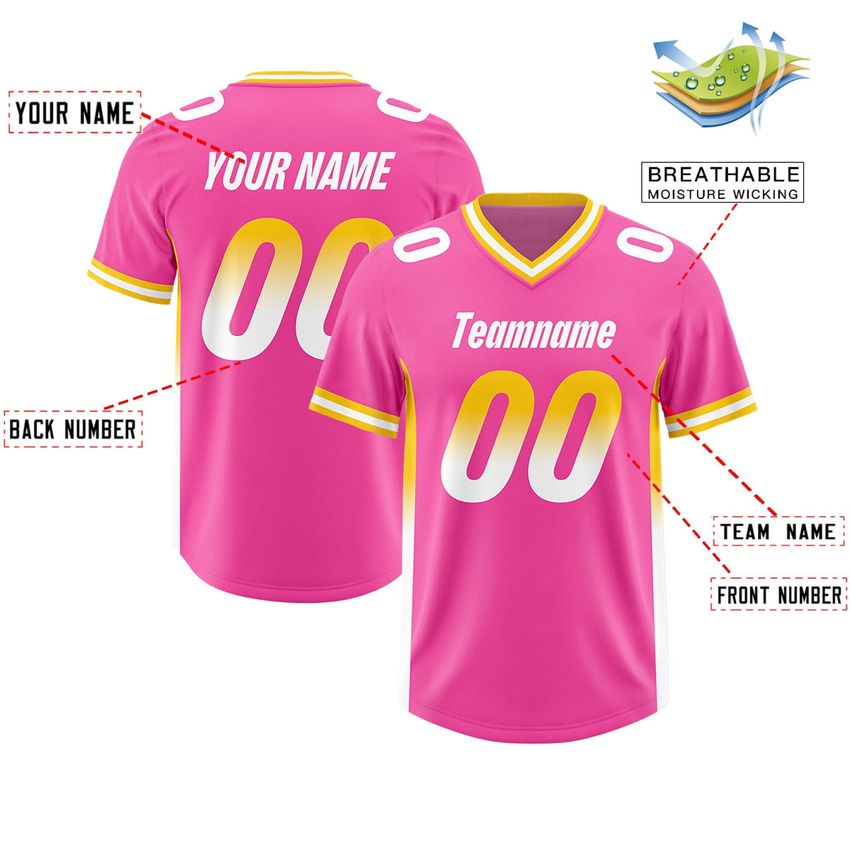 Custom Pink Gold Sides Gradient Fashion Personalized Team American Football Jersey