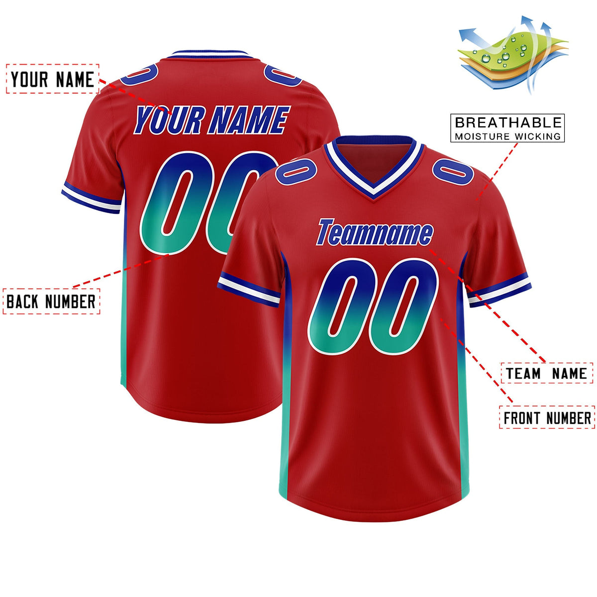 Custom Red Royal and Bright Green Sides Gradient Fashion Personalized Team American Football Jersey
