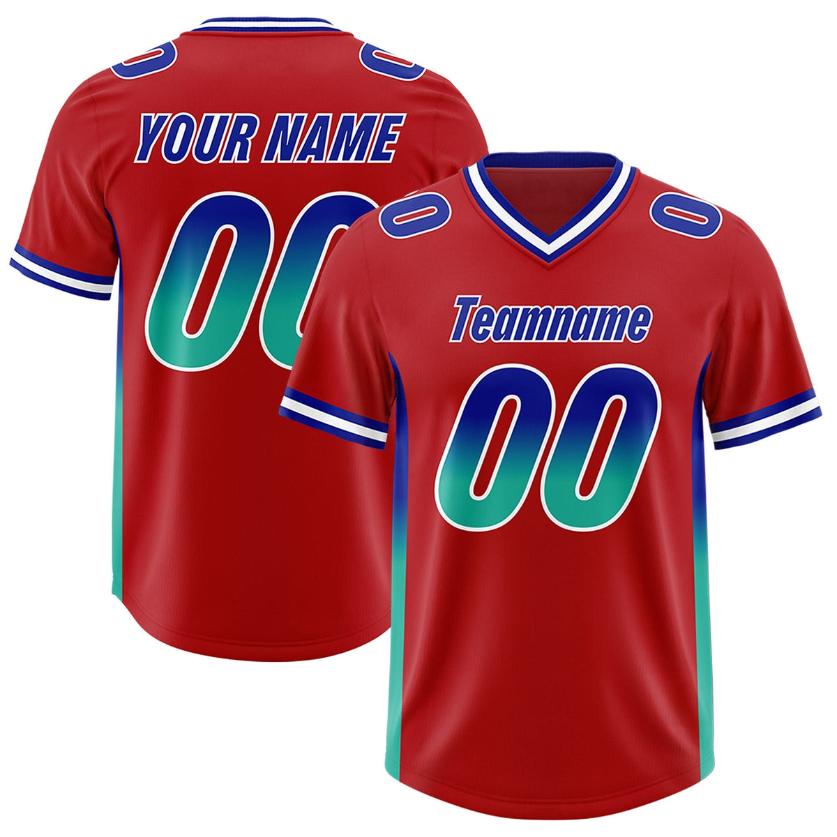 Custom Red Royal and Bright Green Sides Gradient Fashion Personalized Team American Football Jersey