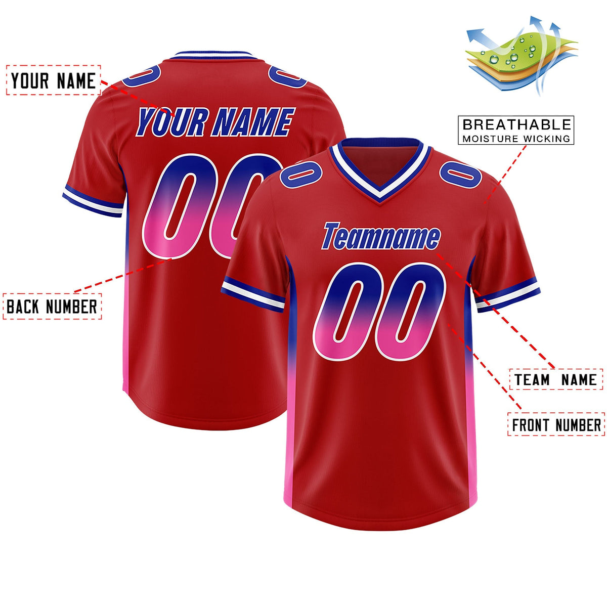 Custom Red Royal and Pink Sides Gradient Fashion Personalized Team American Football Jersey