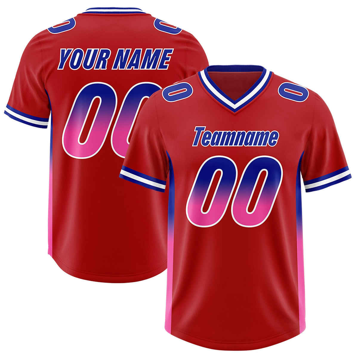 Custom Red Royal and Pink Sides Gradient Fashion Personalized Team American Football Jersey