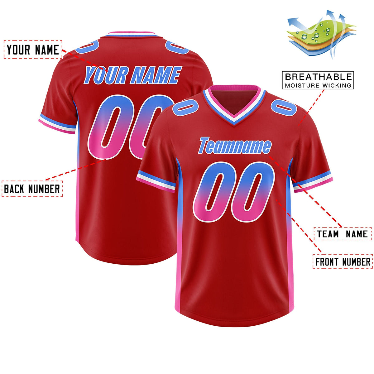 Custom Red Powder Blue and Pink Sides Gradient Fashion Personalized Team American Football Jersey