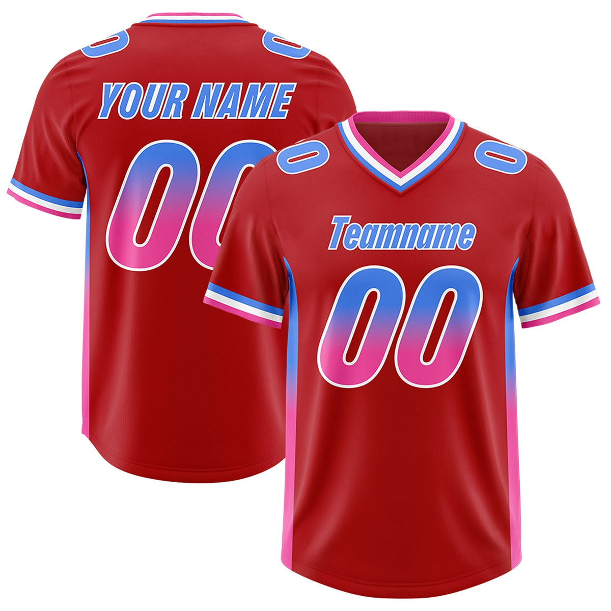 Custom Red Powder Blue and Pink Sides Gradient Fashion Personalized Team American Football Jersey