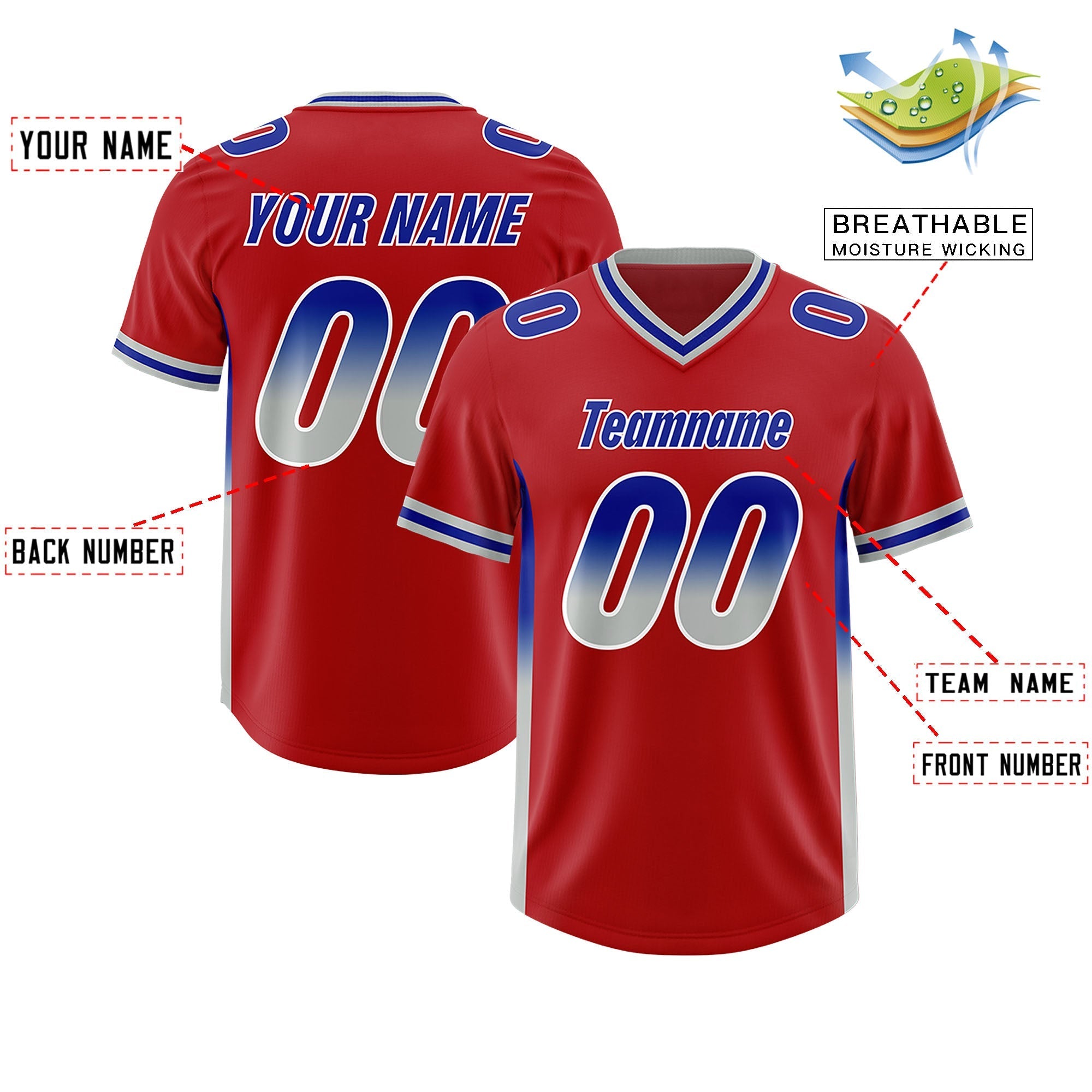 Custom Red Royal and Gray Sides Gradient Fashion Personalized Team American Football Jersey