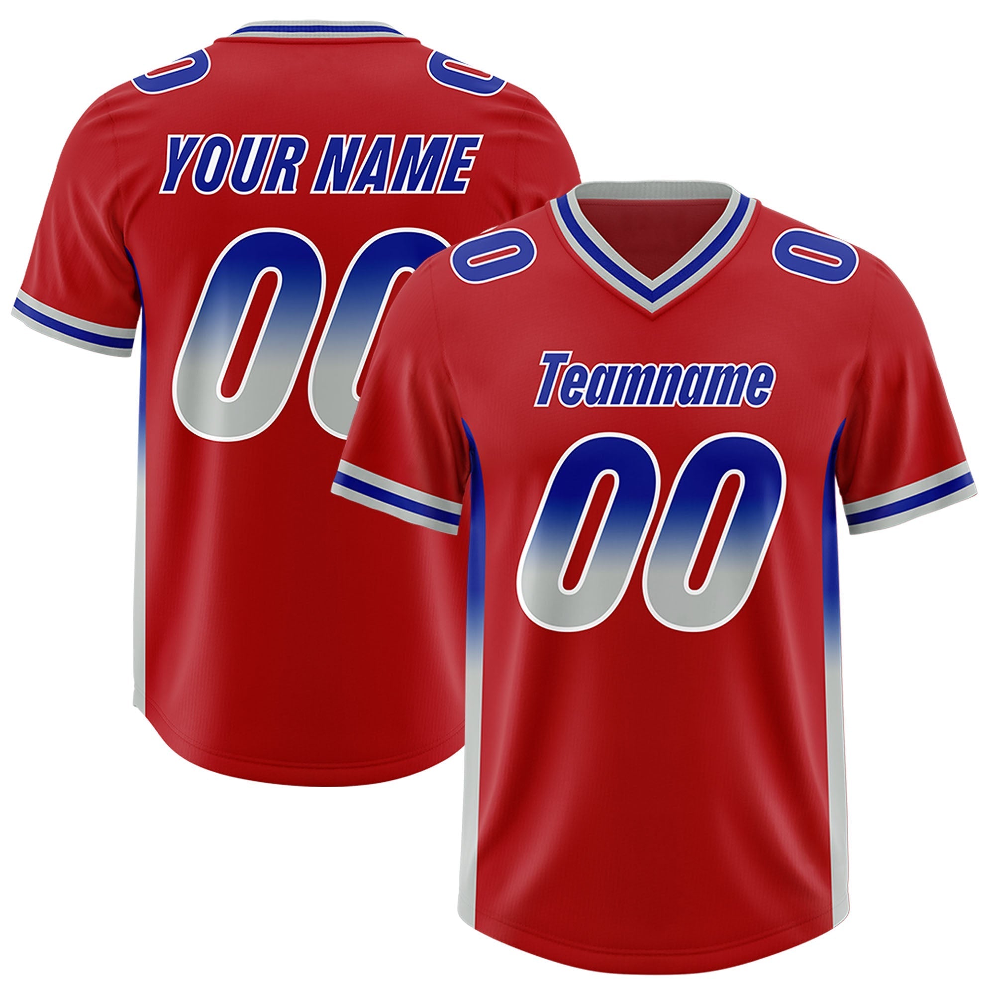 Custom Red Royal and Gray Sides Gradient Fashion Personalized Team American Football Jersey