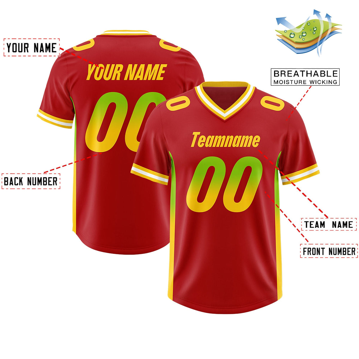 Custom Red Neon Green and Gold Sides Gradient Fashion Personalized Team American Football Jersey