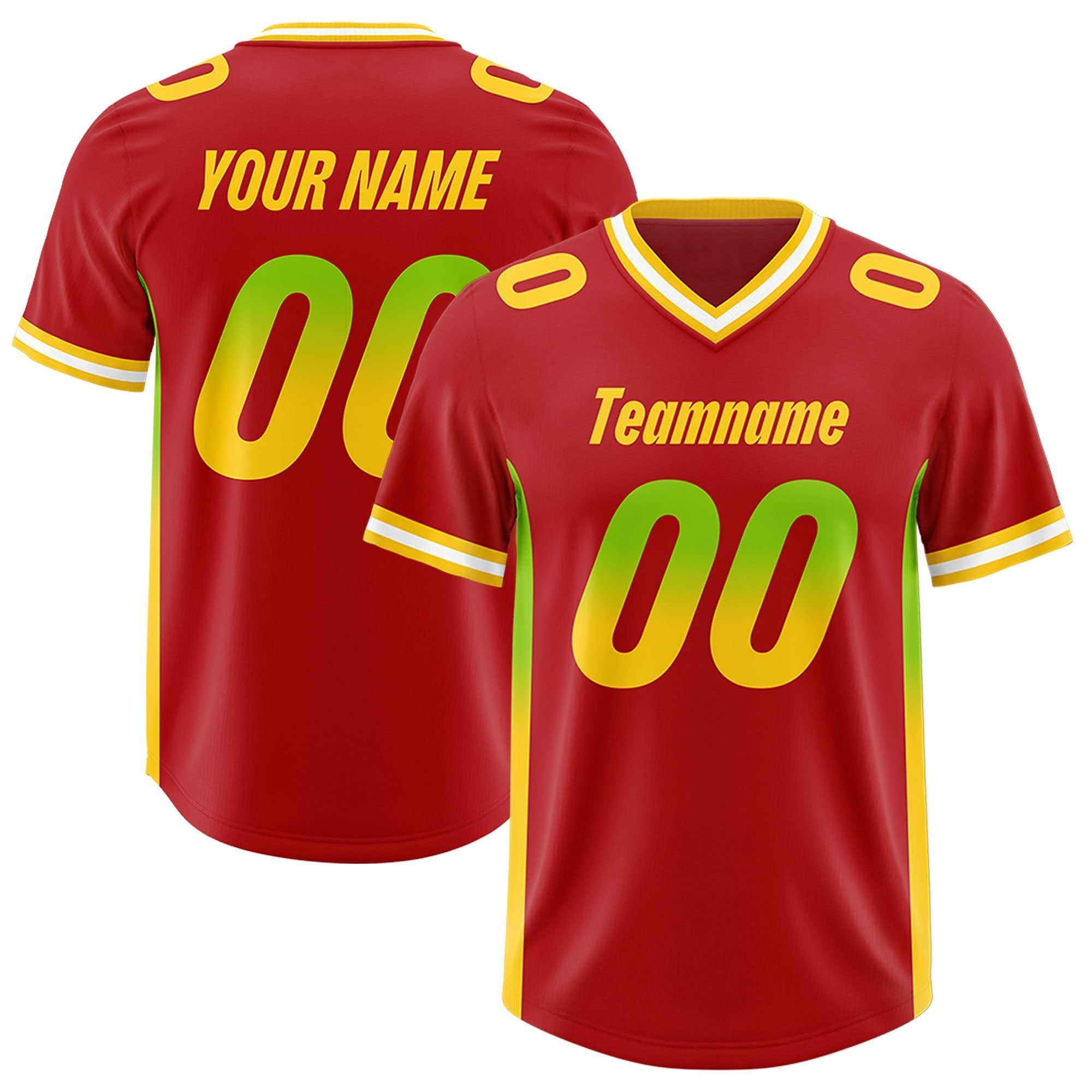 Custom Red Neon Green and Gold Sides Gradient Fashion Personalized Team American Football Jersey