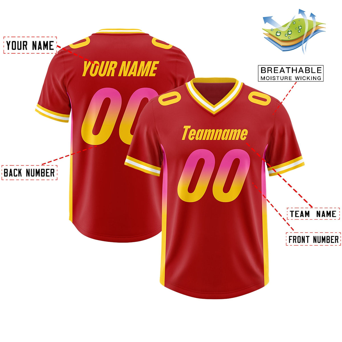 Custom Red Pink and Gold Sides Gradient Fashion Personalized Team American Football Jersey