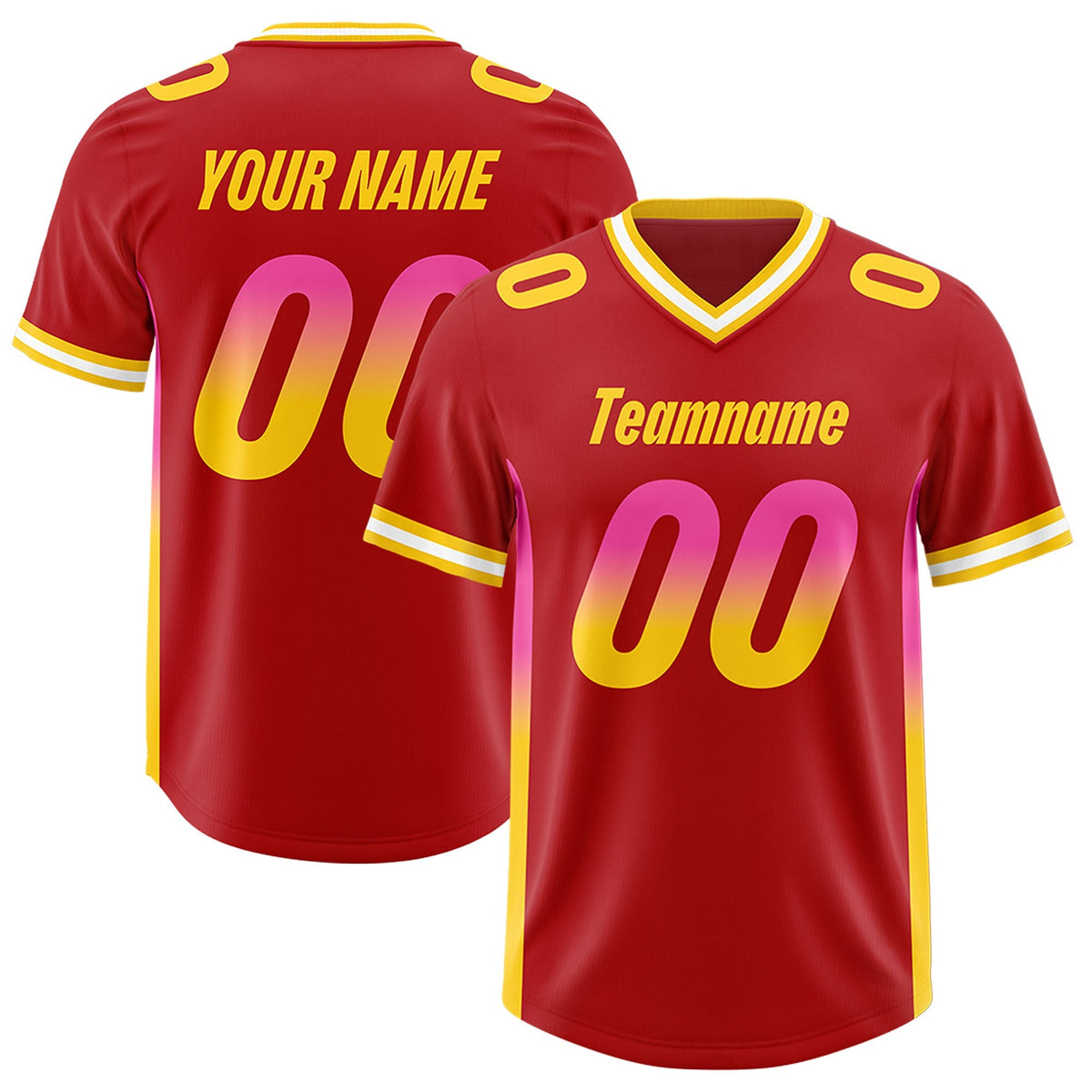 Custom Red Pink and Gold Sides Gradient Fashion Personalized Team American Football Jersey