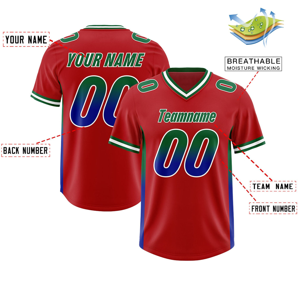 Custom Red Kelly Green and Royal Sides Gradient Fashion Personalized Team American Football Jersey