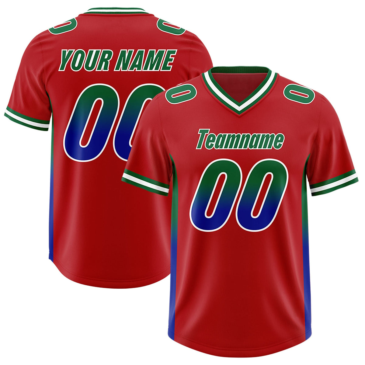 Custom Red Kelly Green and Royal Sides Gradient Fashion Personalized Team American Football Jersey