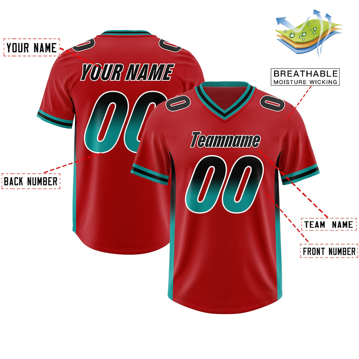 Custom Red Black and Aqua Sides Gradient Fashion Personalized Team American Football Jersey