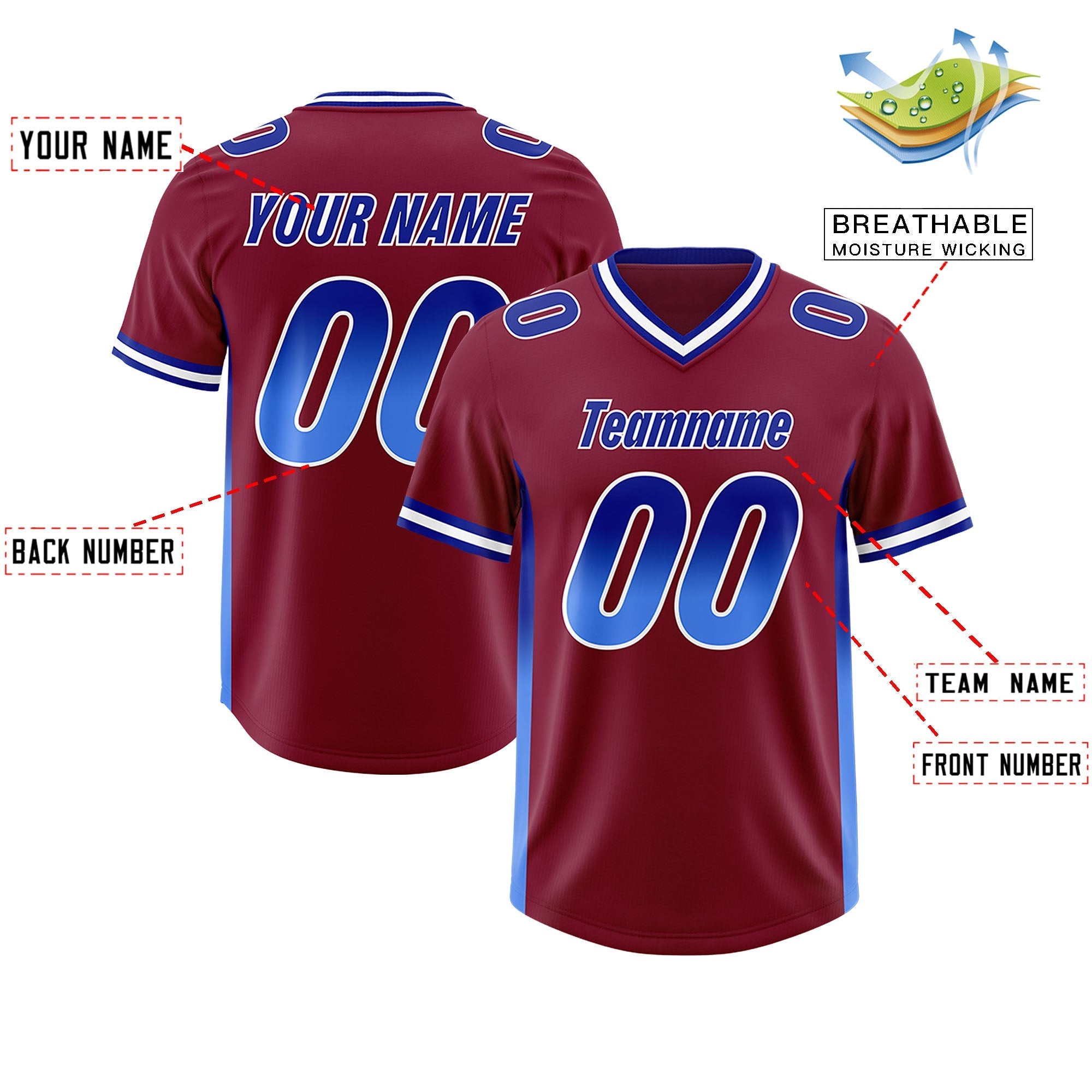 Custom Cardinal Royal and Powder Blue Sides Gradient Fashion Personalized Team American Football Jersey