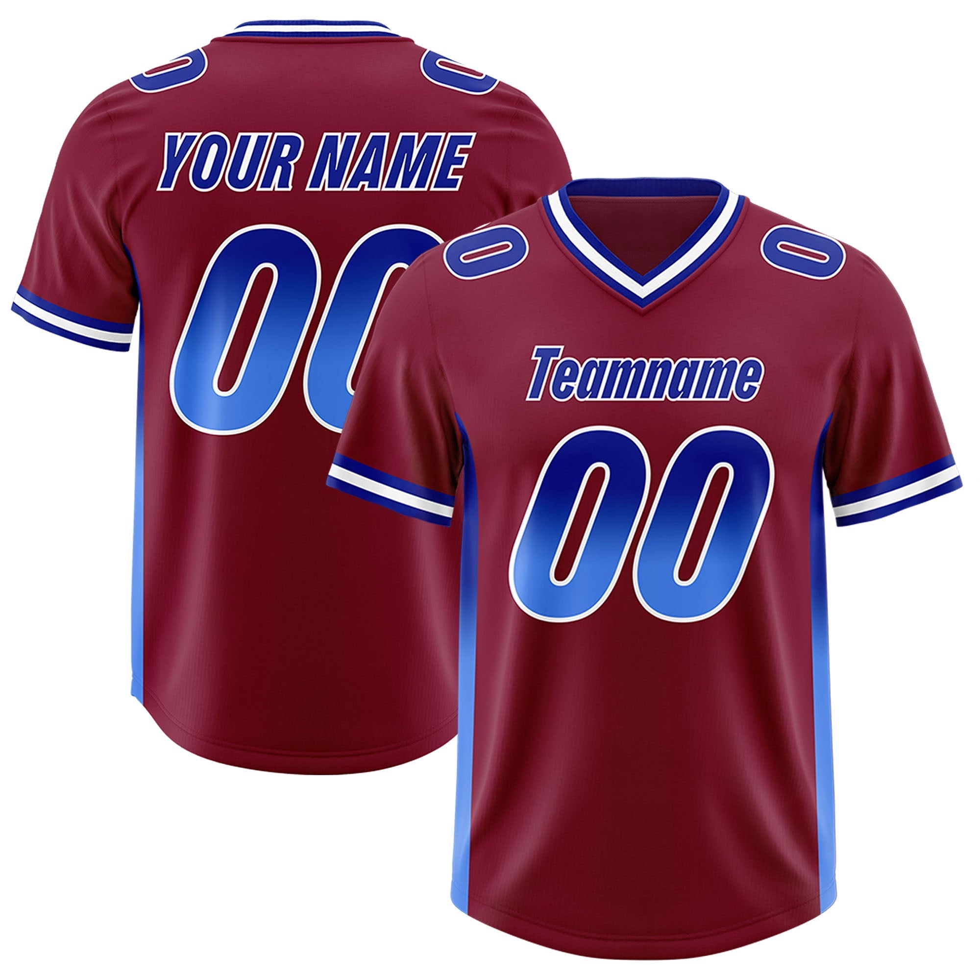 Custom Cardinal Royal and Powder Blue Sides Gradient Fashion Personalized Team American Football Jersey
