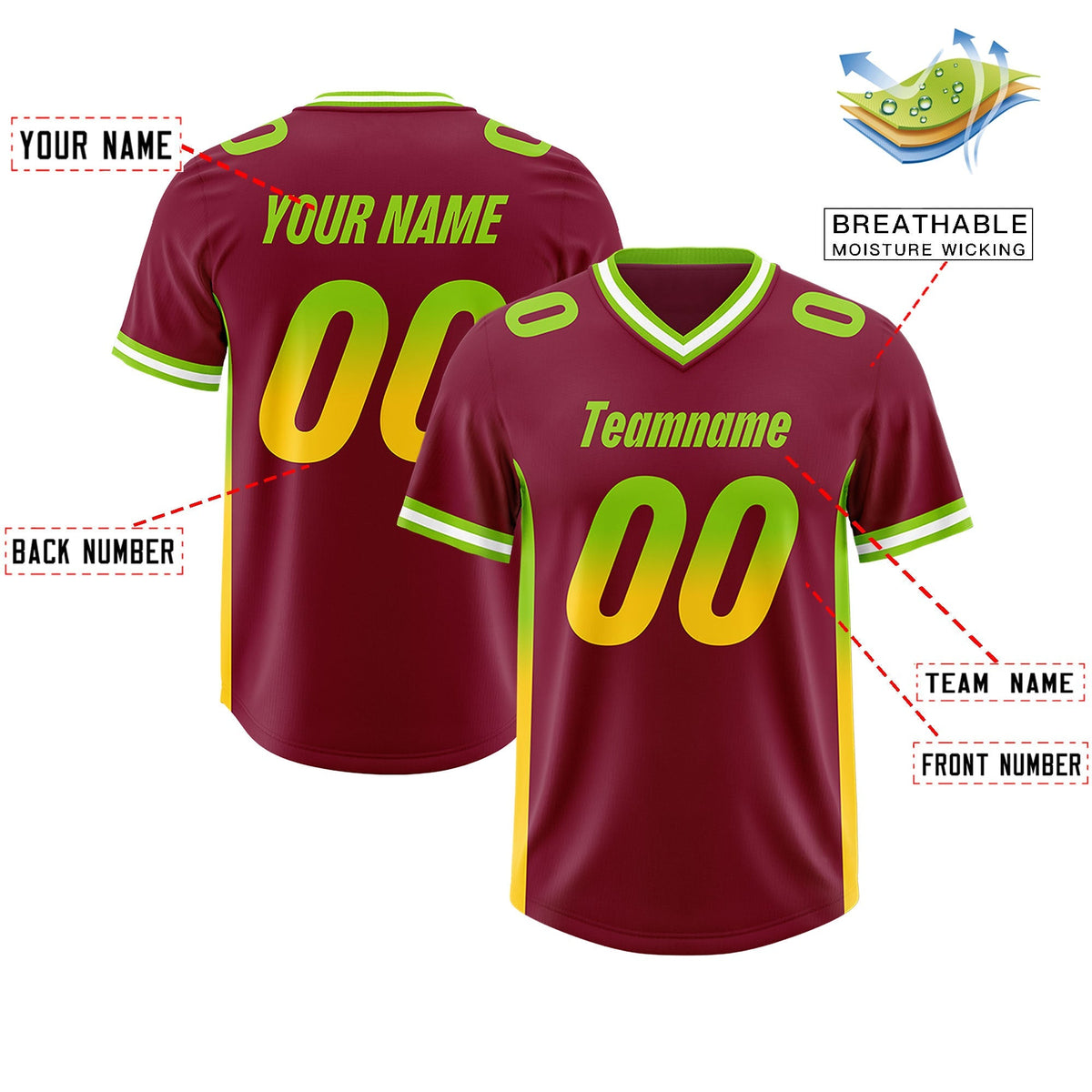 Custom Cardinal Neon Green and Gold Sides Gradient Fashion Personalized Team American Football Jersey