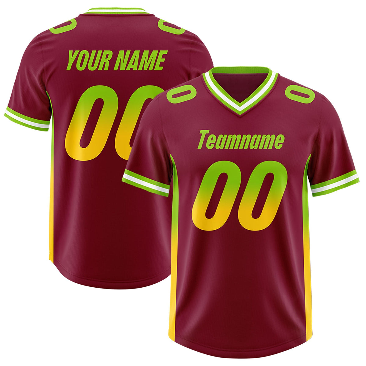 Custom Cardinal Neon Green and Gold Sides Gradient Fashion Personalized Team American Football Jersey