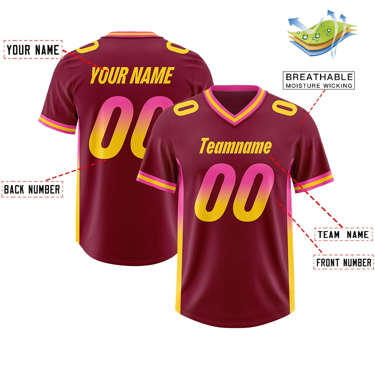 Custom Cardinal Pink and Gold Sides Gradient Fashion Personalized Team American Football Jersey