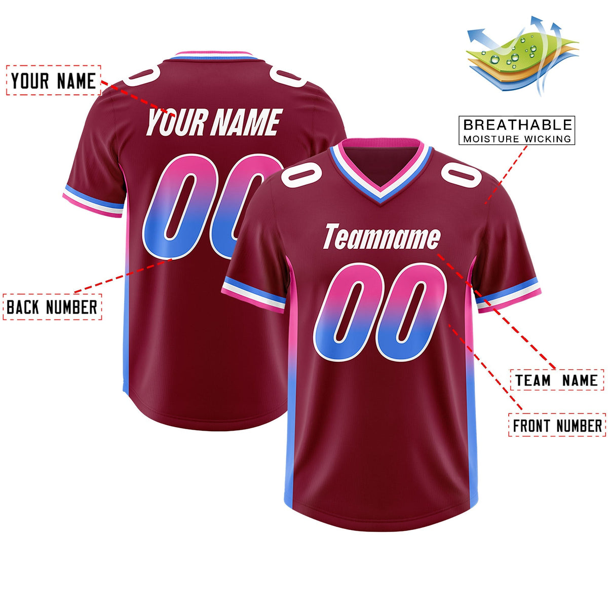Custom Cardinal Pink and Powder Blue Sides Gradient Fashion Personalized Team American Football Jersey