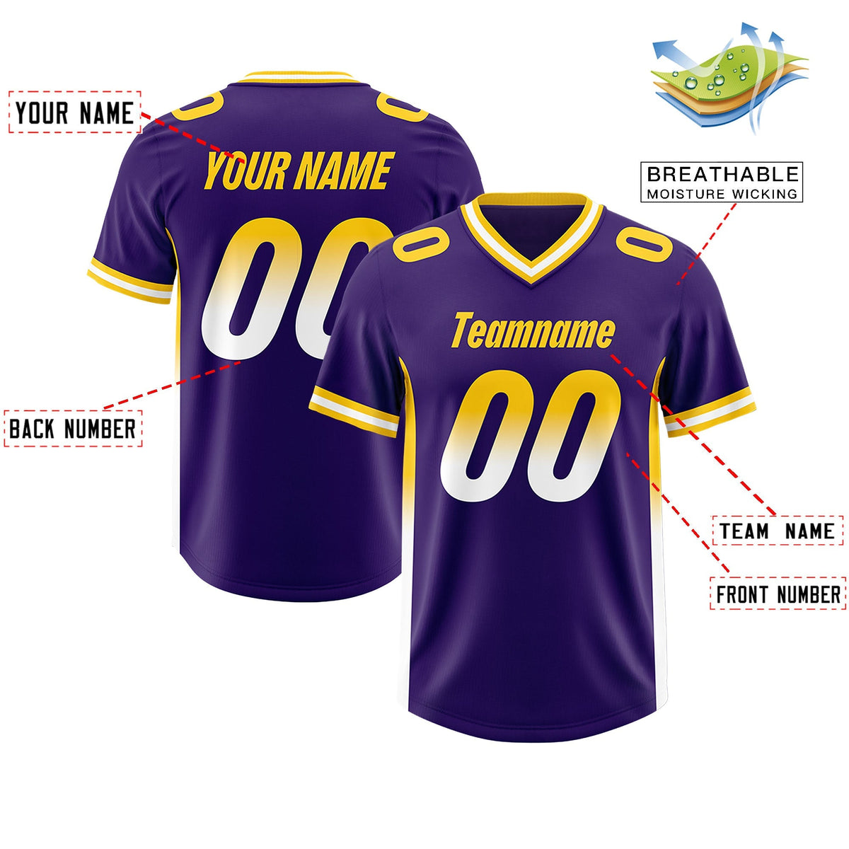 Custom Purple Gold Sides Gradient Fashion Personalized Team American Football Jersey