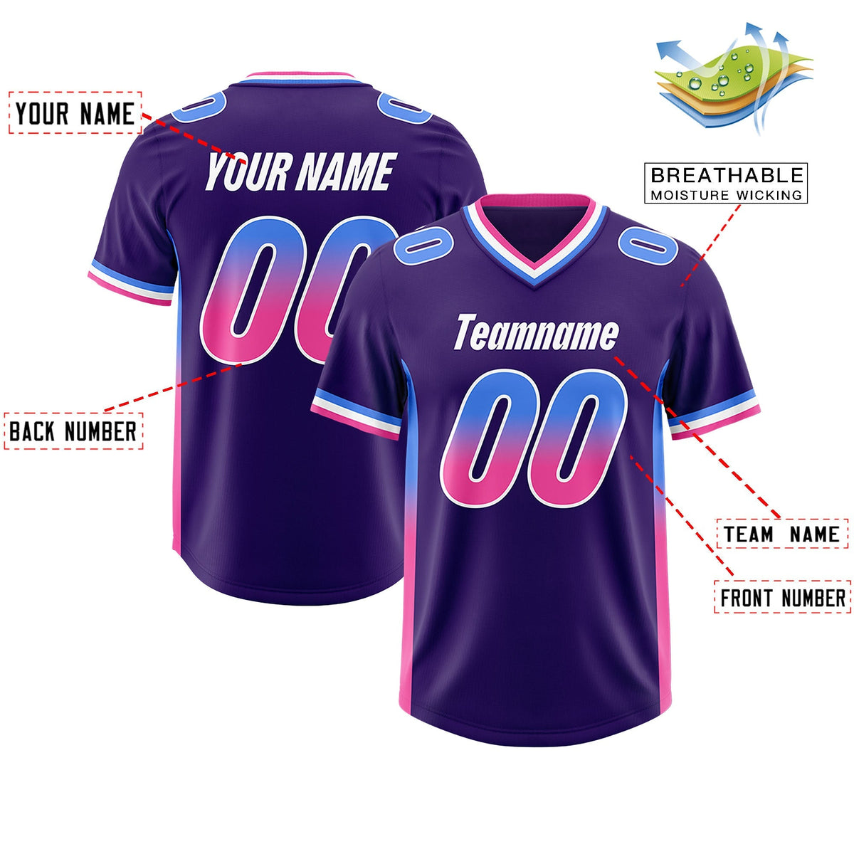 Custom Purple Powder Blue and Pink Sides Gradient Fashion Personalized Team American Football Jersey