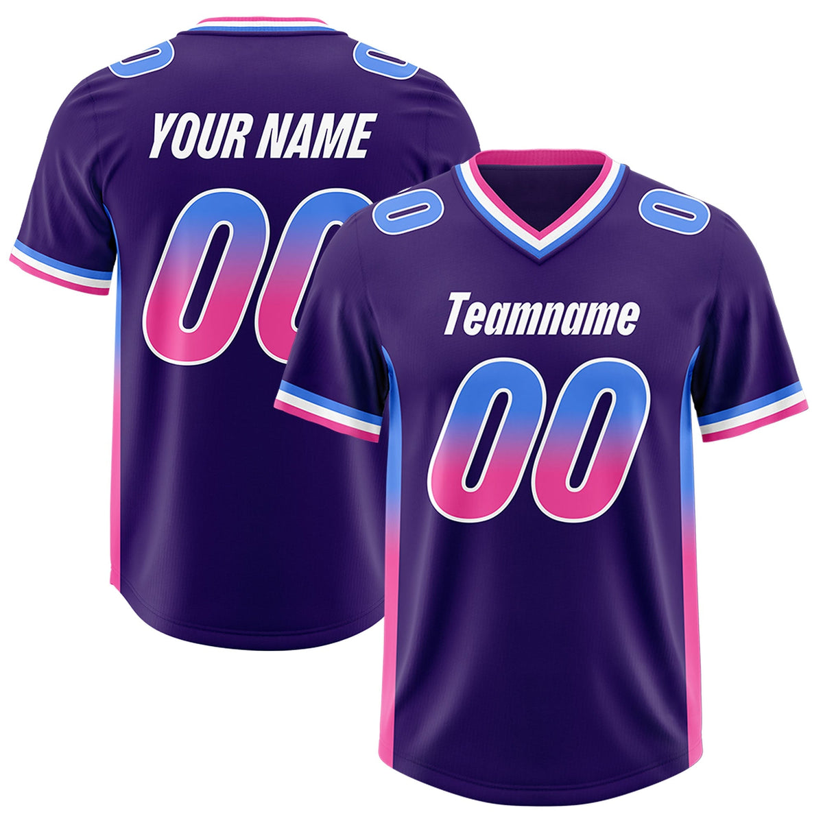 Custom Purple Powder Blue and Pink Sides Gradient Fashion Personalized Team American Football Jersey