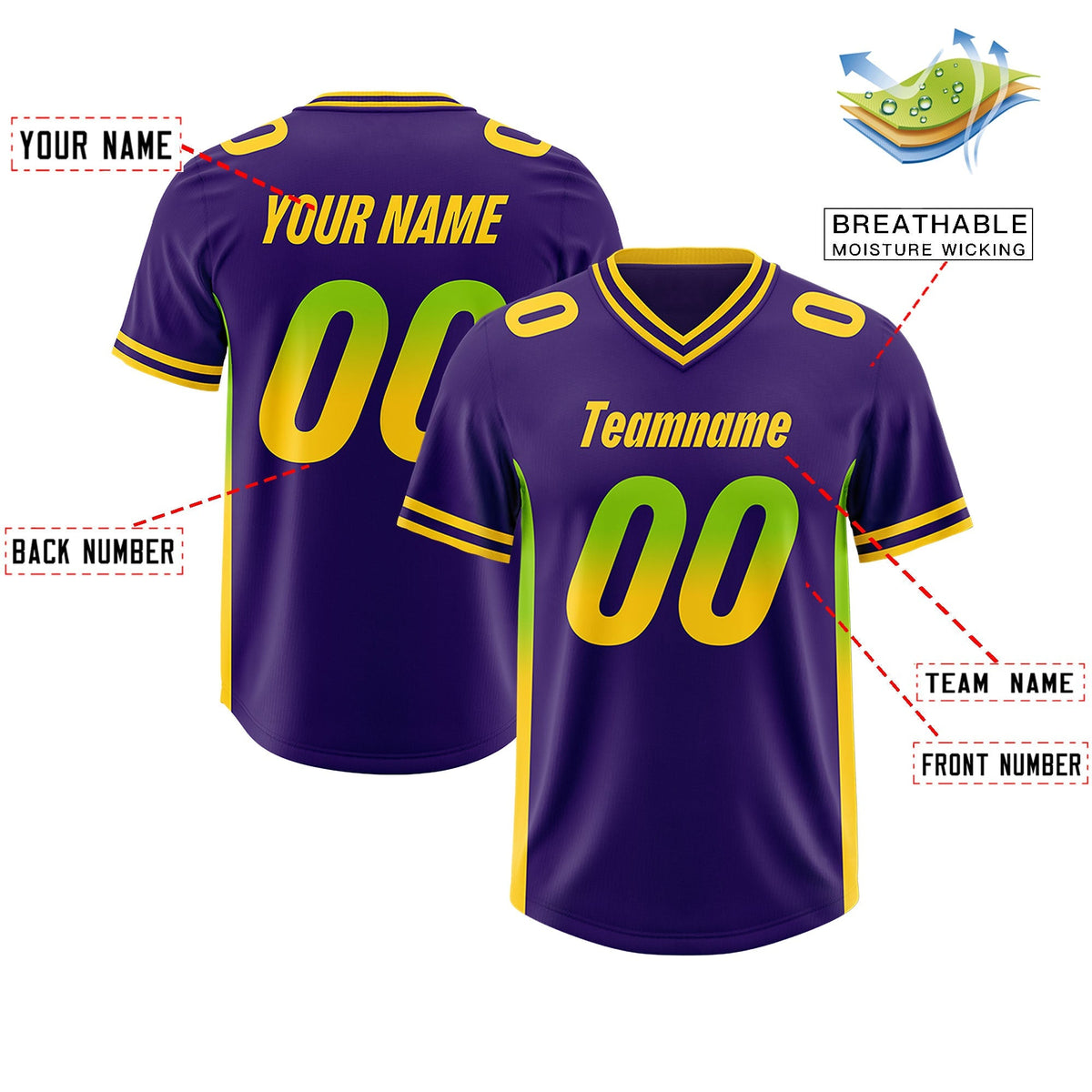 Custom Purple Neon Green and Gold Sides Gradient Fashion Personalized Team American Football Jersey