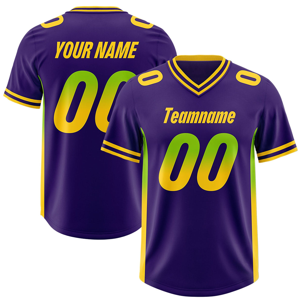 Custom Purple Neon Green and Gold Sides Gradient Fashion Personalized Team American Football Jersey