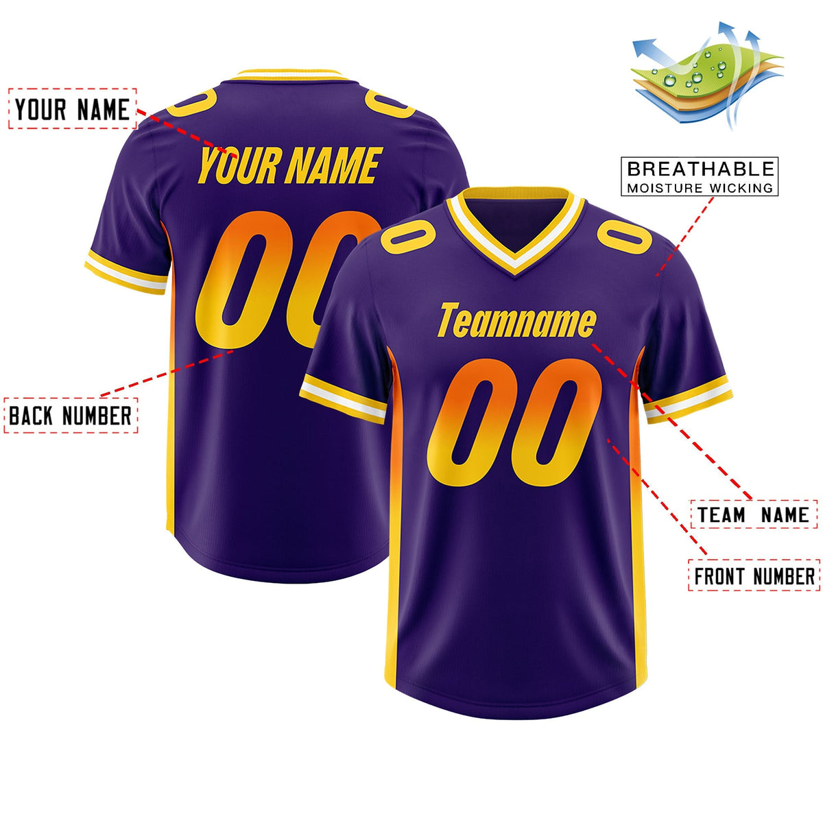 Custom Purple Orange and Gold Sides Gradient Fashion Personalized Team American Football Jersey