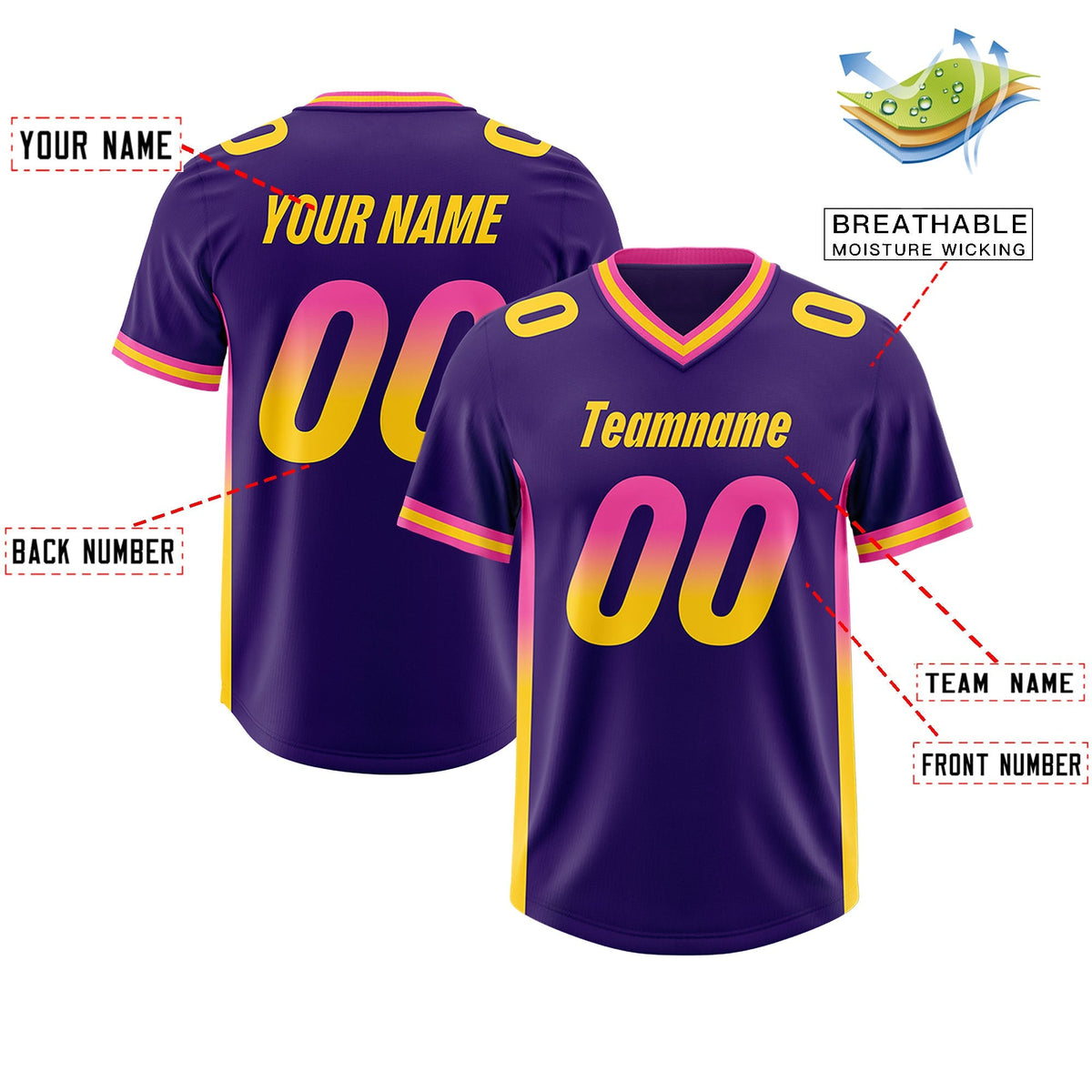 Custom Purple Pink and Gold Sides Gradient Fashion Personalized Team American Football Jersey