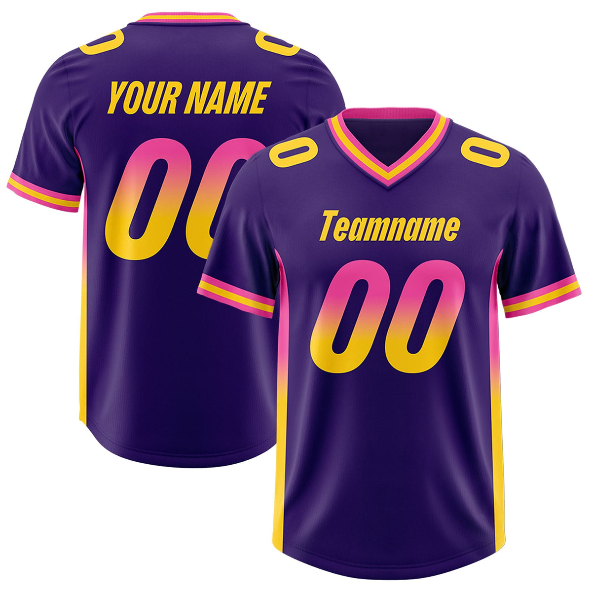 Custom Purple Pink and Gold Sides Gradient Fashion Personalized Team American Football Jersey