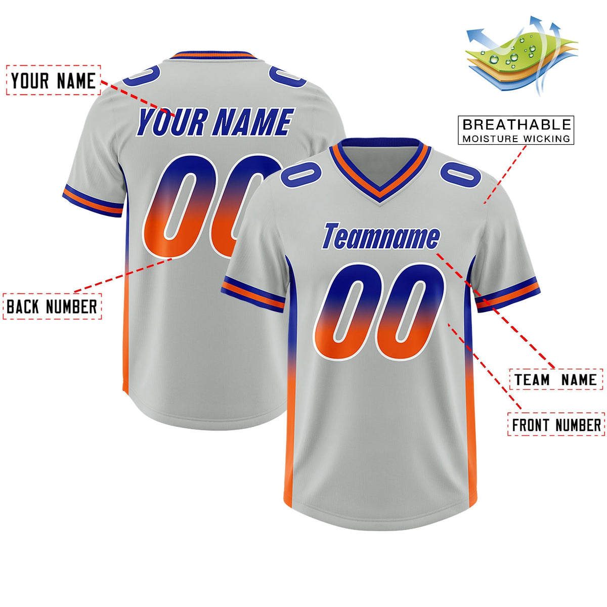 Custom Gray Royal and Orange Sides Gradient Fashion Personalized Team American Football Jersey