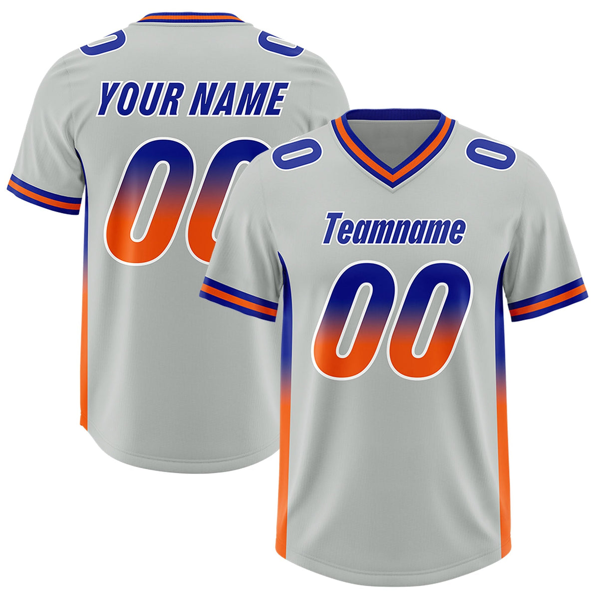 Custom Gray Royal and Orange Sides Gradient Fashion Personalized Team American Football Jersey