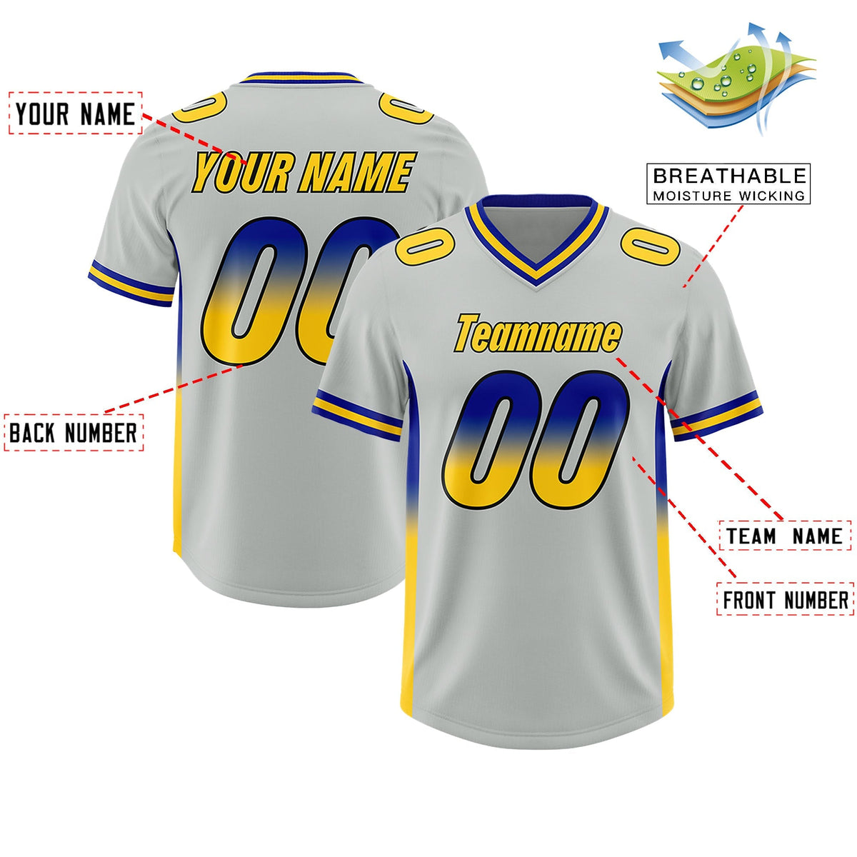 Custom Gray Royal and Gold Sides Gradient Fashion Personalized Team American Football Jersey
