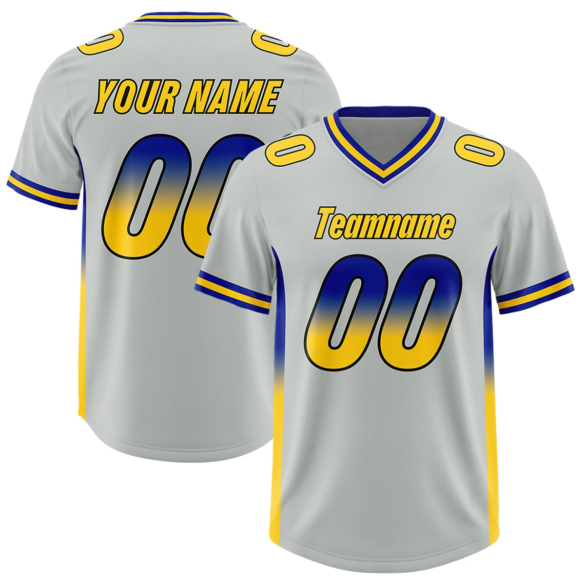 Custom Gray Royal and Gold Sides Gradient Fashion Personalized Team American Football Jersey