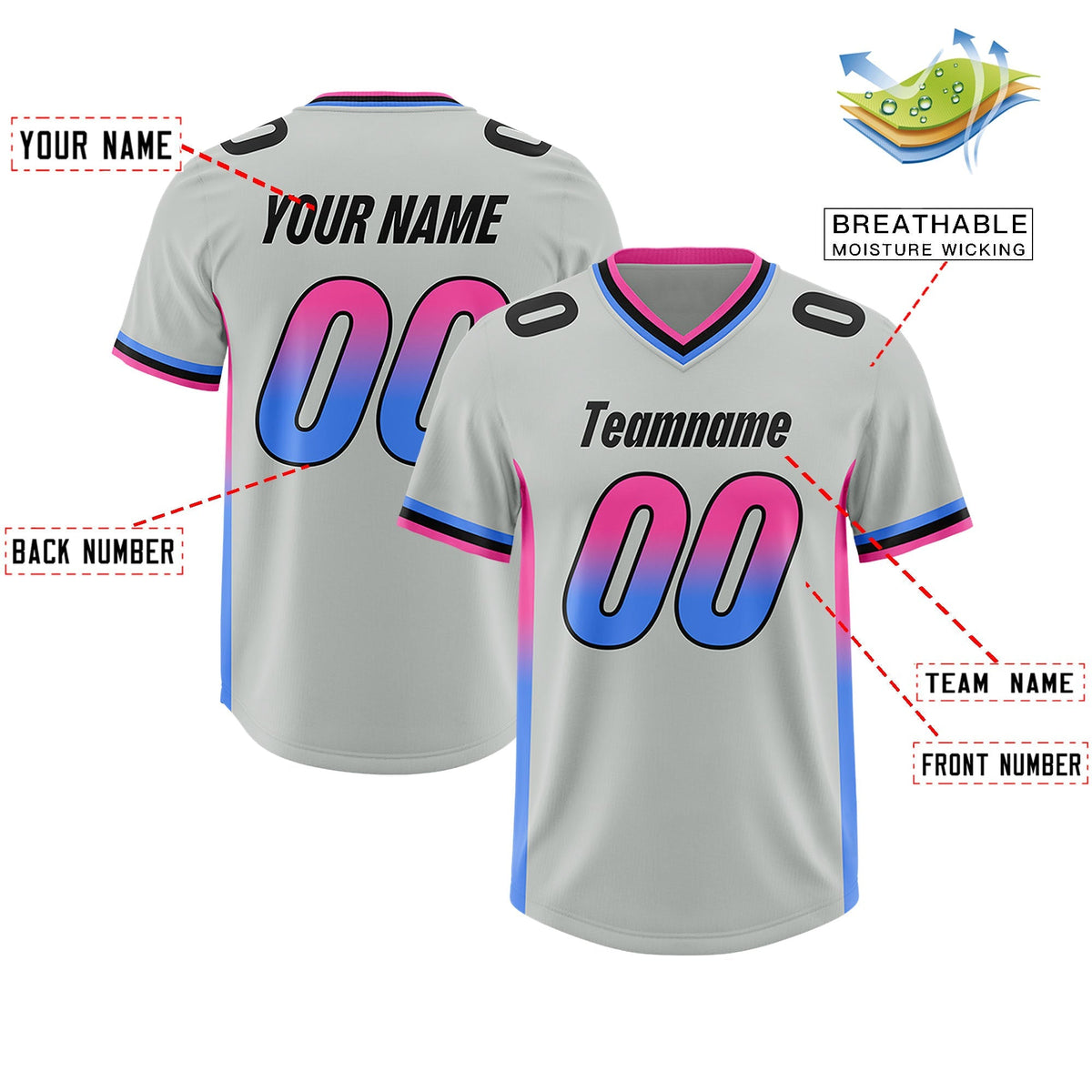 Custom Gray Pink and Powder Blue Sides Gradient Fashion Personalized Team American Football Jersey