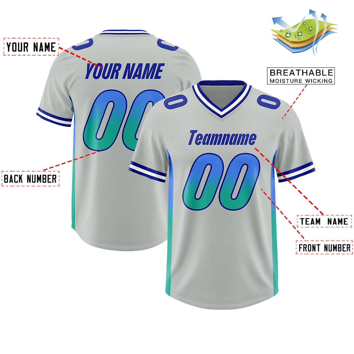 Custom Gray Powder Blue and Bright Green Sides Gradient Fashion Personalized Team American Football Jersey