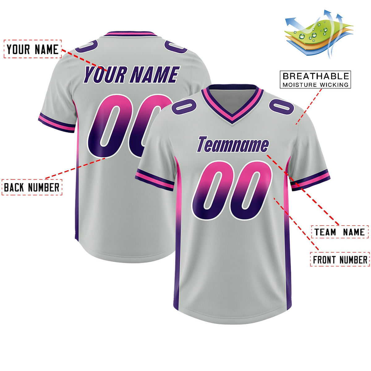 Custom Gray Pink and Purple Sides Gradient Fashion Personalized Team American Football Jersey