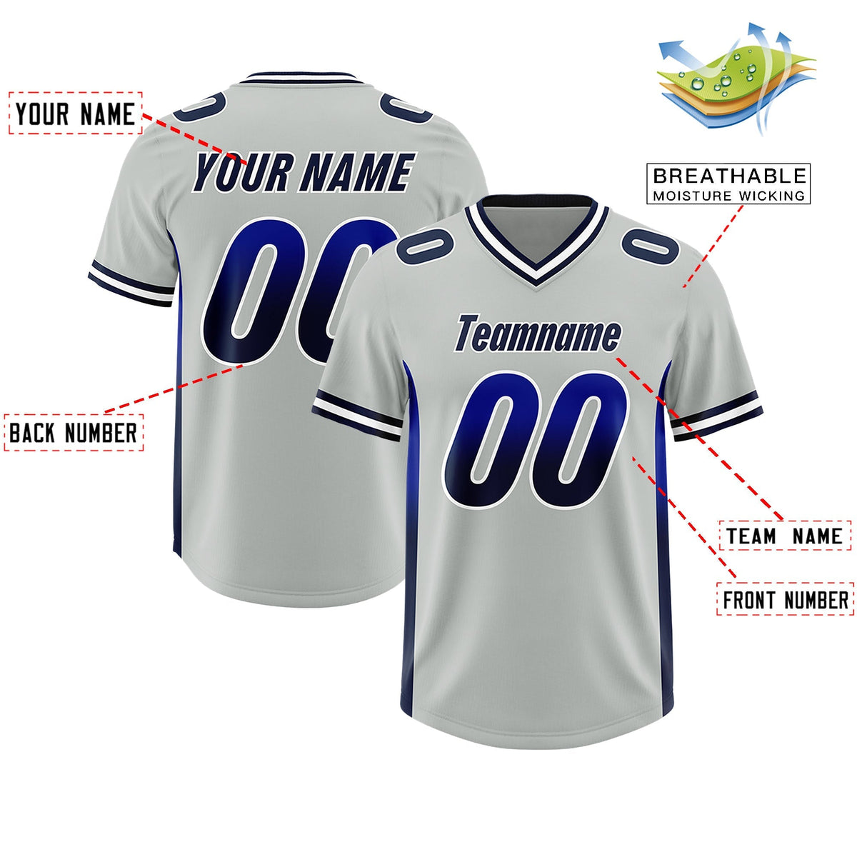 Custom Gray Royal and Navy Sides Gradient Fashion Personalized Team American Football Jersey