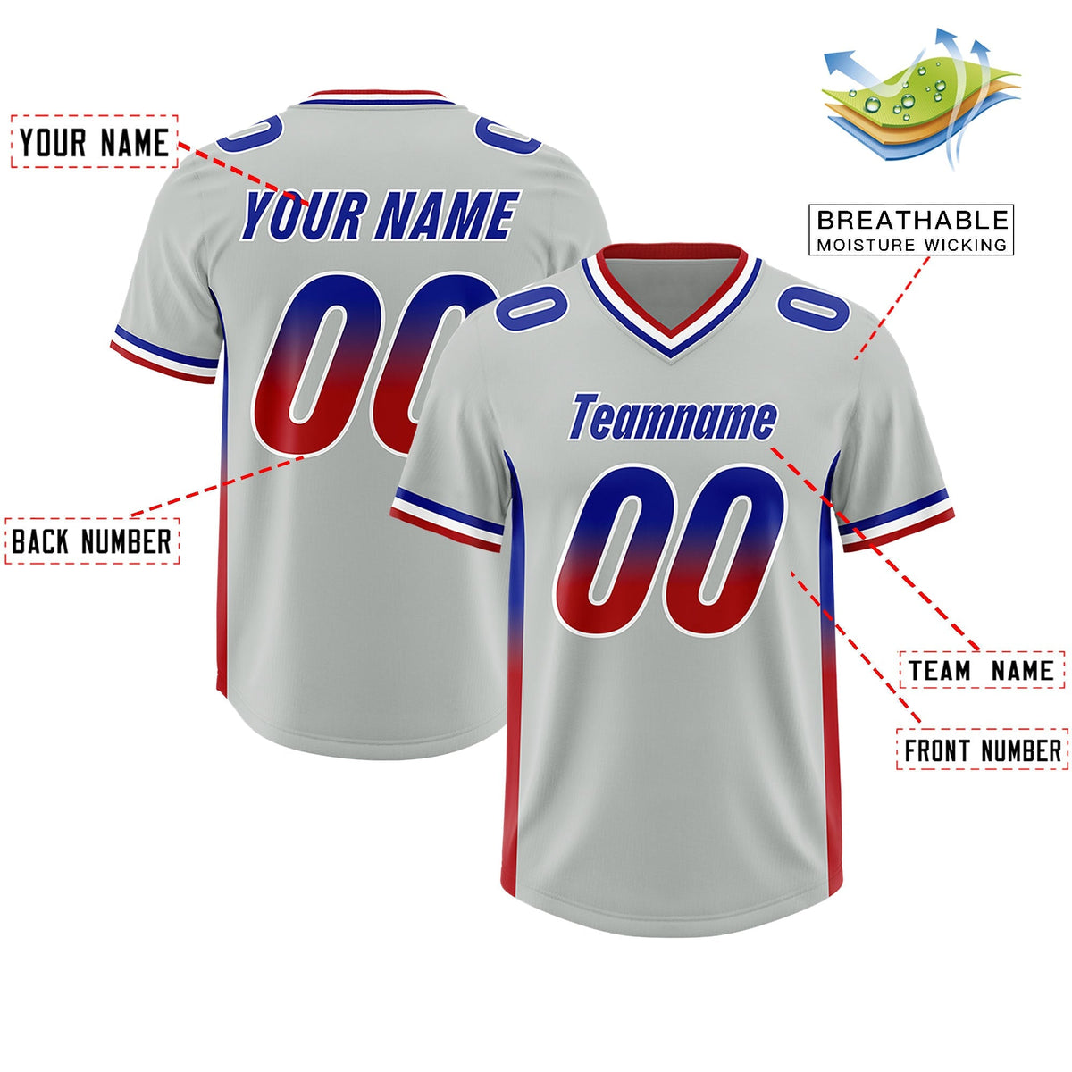 Custom Gray Royal and Red Sides Gradient Fashion Personalized Team American Football Jersey