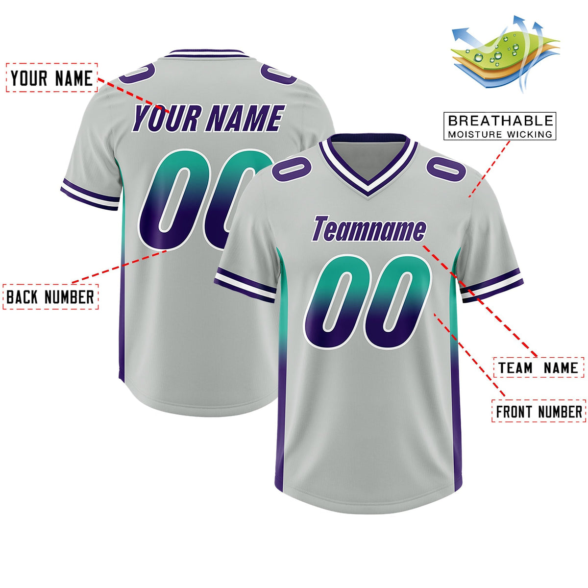 Custom Gray Bright Green and Purple Sides Gradient Fashion Personalized Team American Football Jersey