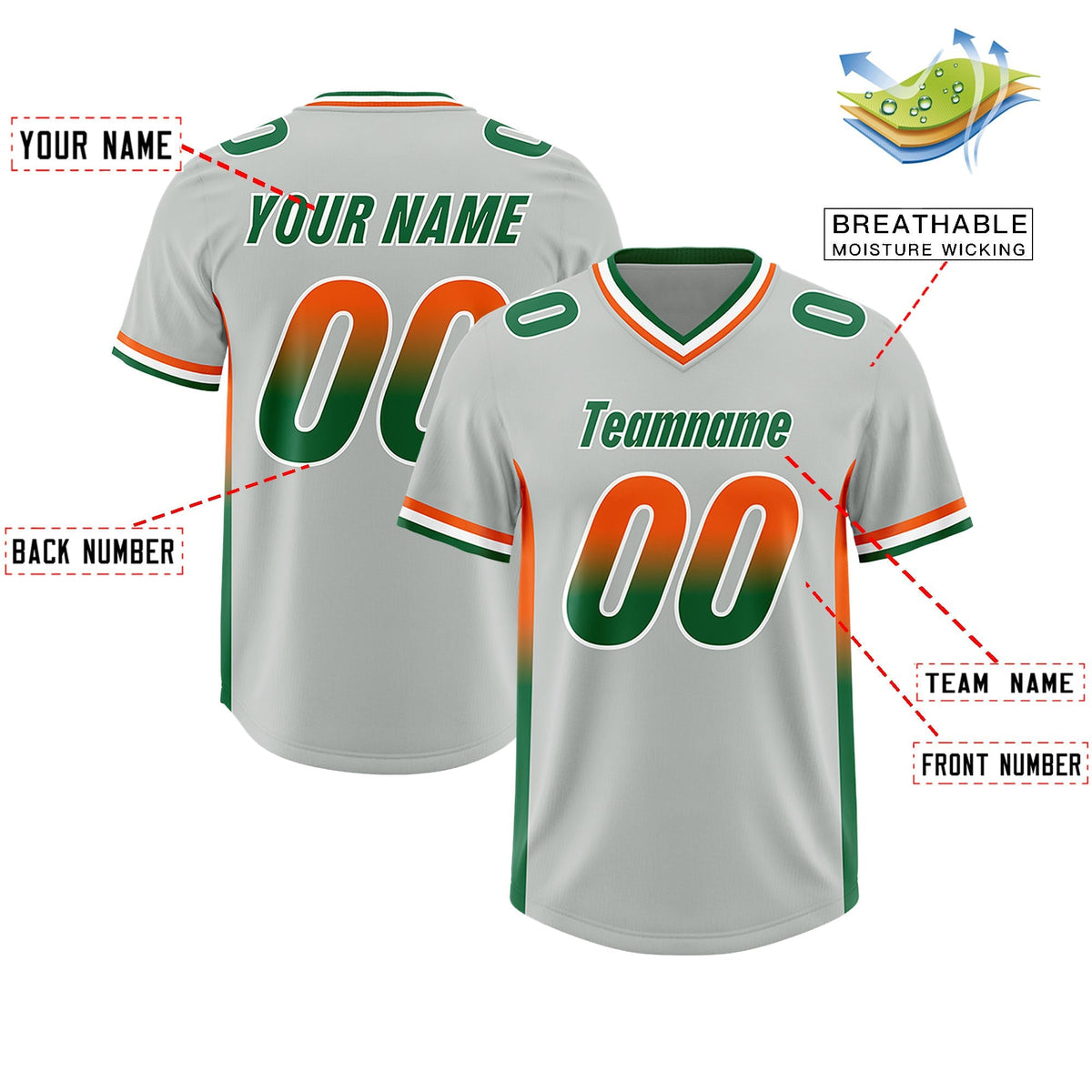 Custom Gray Orange and Kelly Green Sides Gradient Fashion Personalized Team American Football Jersey