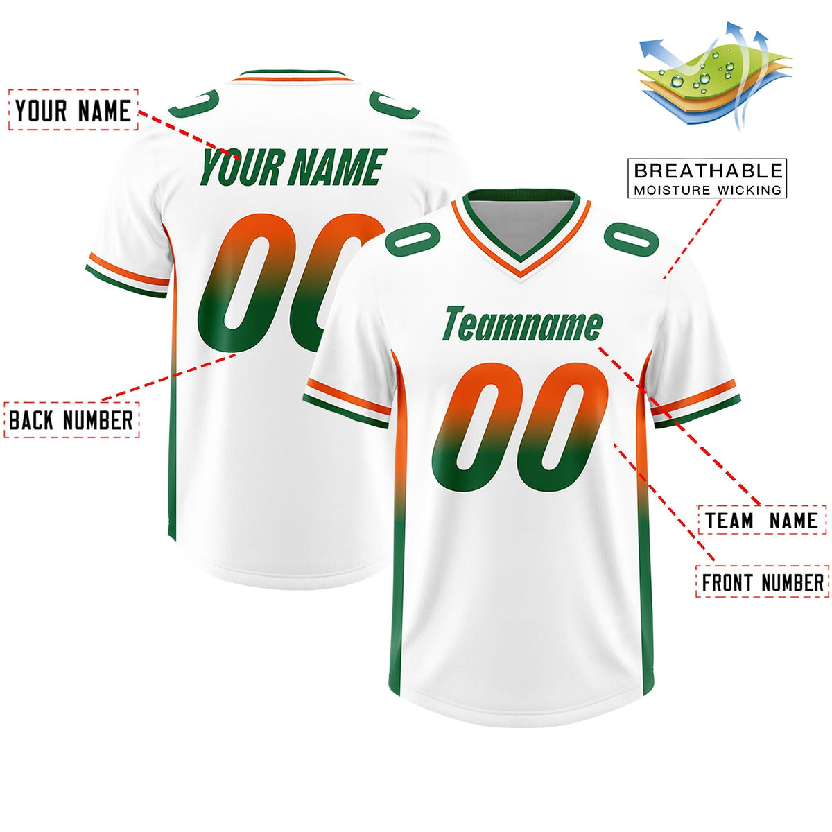 Custom White Orange and Kelly Green Sides Gradient Fashion Personalized Team American Football Jersey