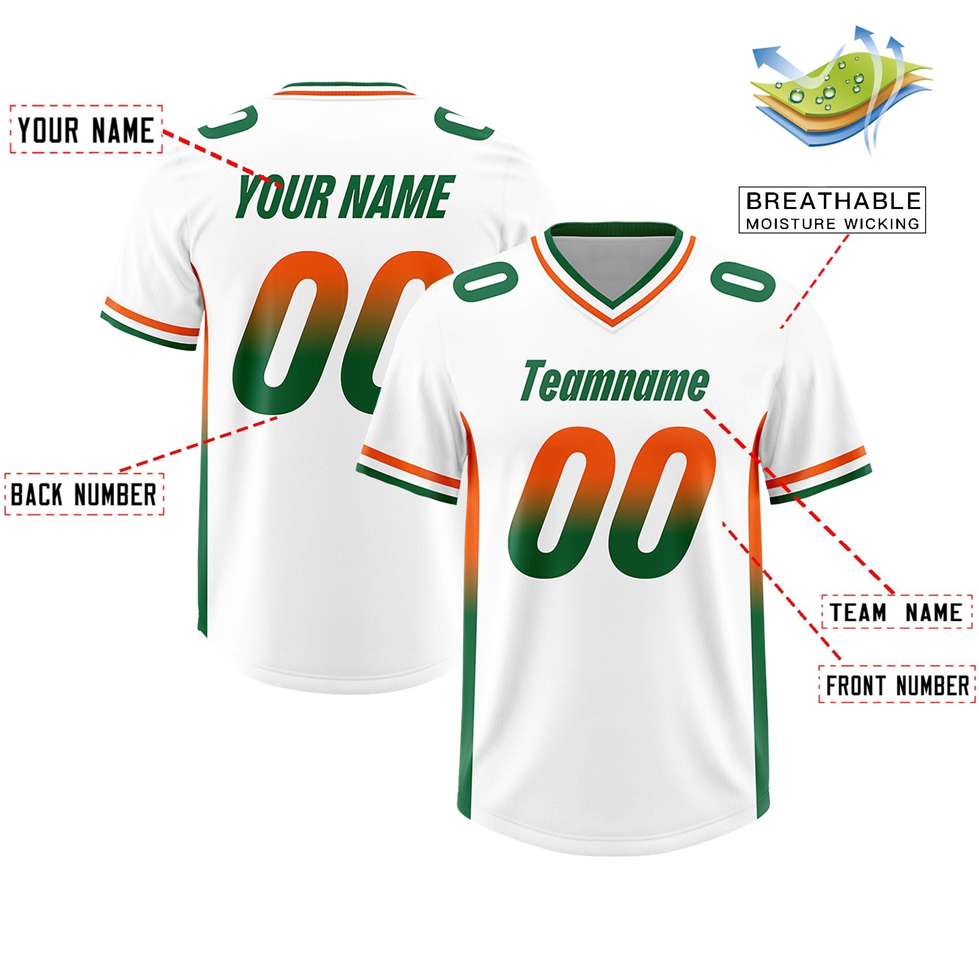 Custom White Orange and Kelly Green Sides Gradient Fashion Personalized Team American Football Jersey