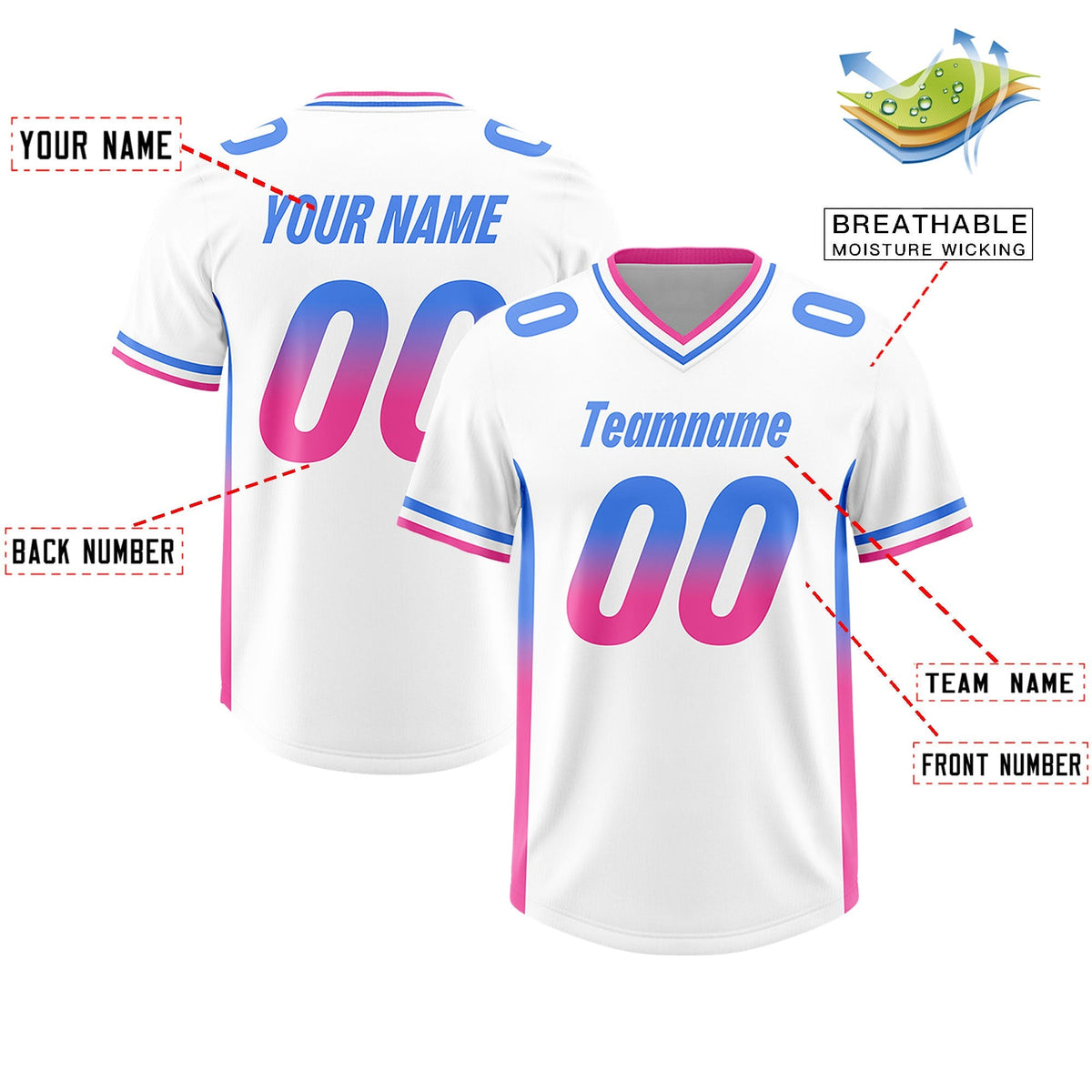 Custom White Powder Blue and Pink Sides Gradient Fashion Personalized Team American Football Jersey